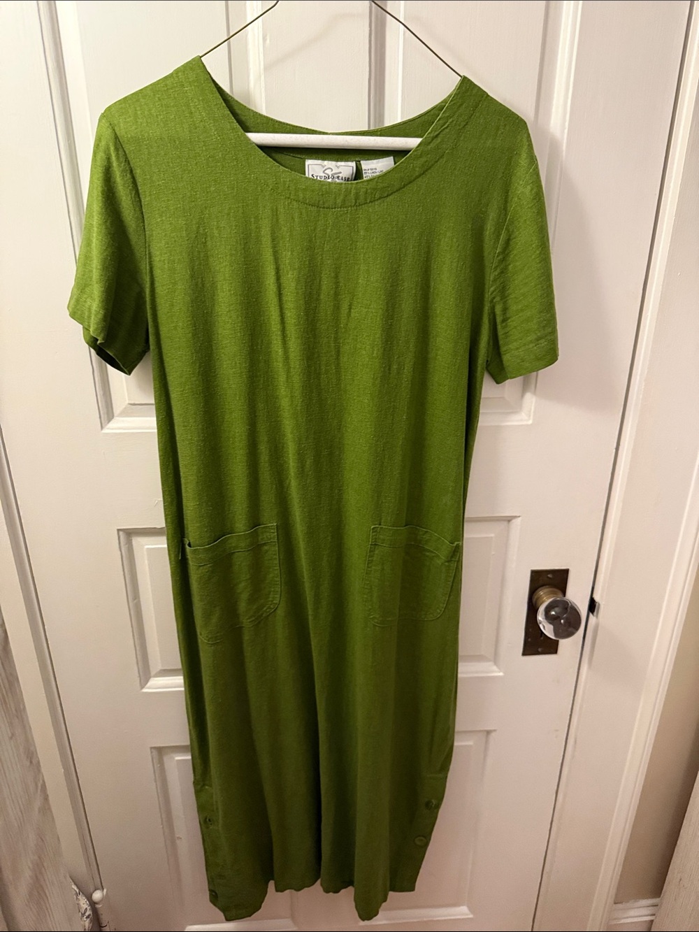 Olive Green Short-Sleeve Pocket Midi Dress linen button side slits Studio Ease